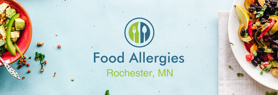 Food Allergies logo between food dishes